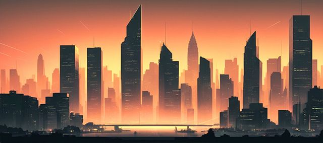 A cityscape bathed in warm, golden light, dominated by towering skyscrapers.