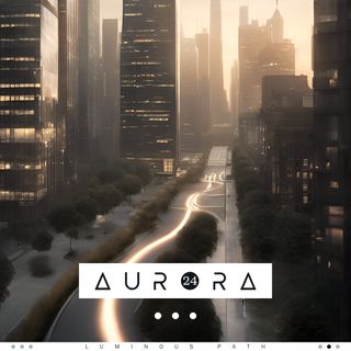 A modern cityscape at dawn. The movement on the street forms a path of light.