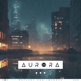 A modern cityscape at night, enveloped in rain.