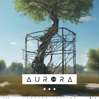 A lone tree reinforced by metal structures which appears to be healed.