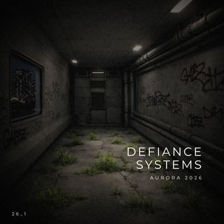 Dimly lit corridor with graffiti on walls and grass on the concrete floor. A window reveals a cityscape.