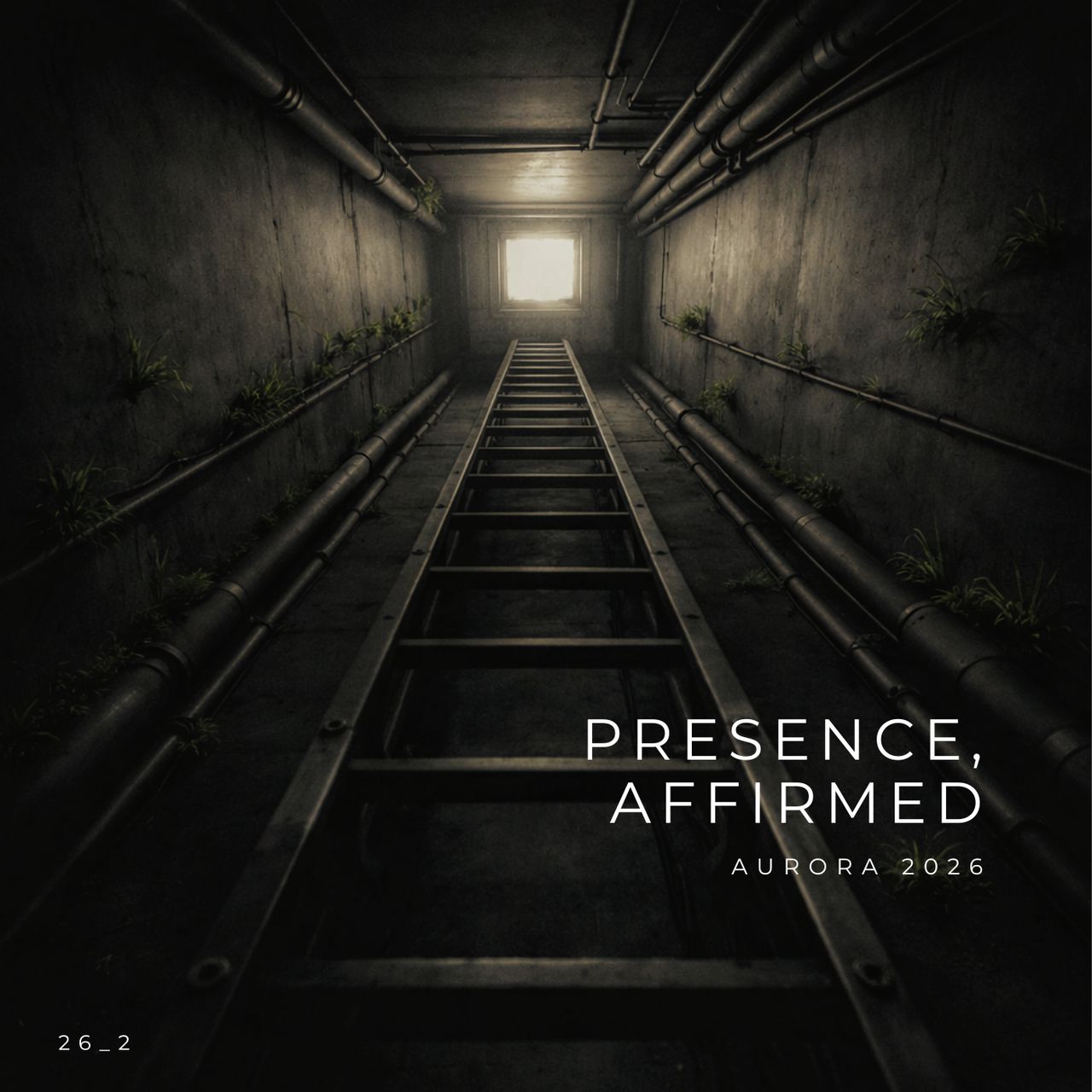 Dimly lit tunnel with metal ladder leading to a distant, bright exit. Scattered greenery is present on the walls.