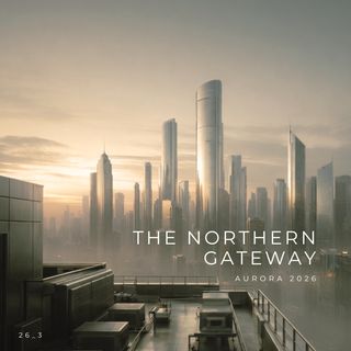 A cityscape at sunrise with towering skyscrapers and a misty atmosphere. Foreground shows a rooftop with HVAC equipment.