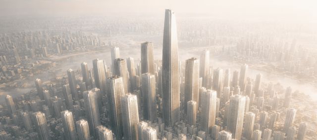 An urban aerial scene bathed in warm, golden light.