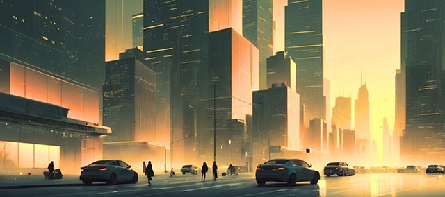An urban street scene bathed in warm, golden light.